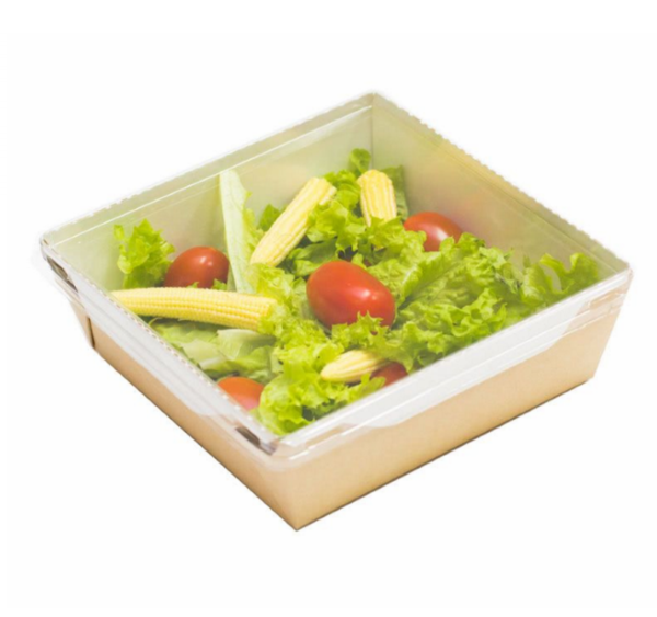 Papírdoboz átlátszó fedéllel salátához és meleg ételekhez ECO OpSalad 150x150x50mm 900 ml, kézműves (150 db/csomag)
